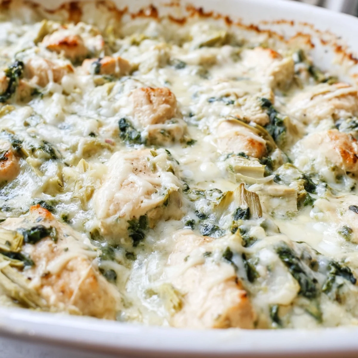 Creamy spinach and artichoke chicken casserole served bubbling hot in a white baking dish