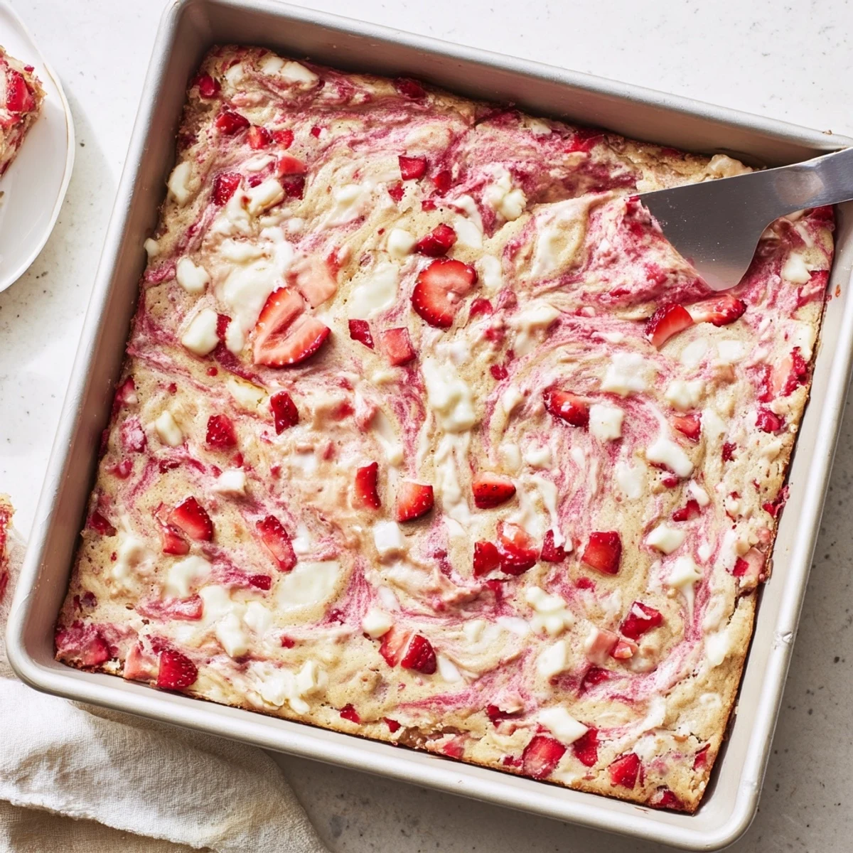 Gooey Strawberry Earthquake Cake with marbled cream cheese swirls and fresh diced strawberries