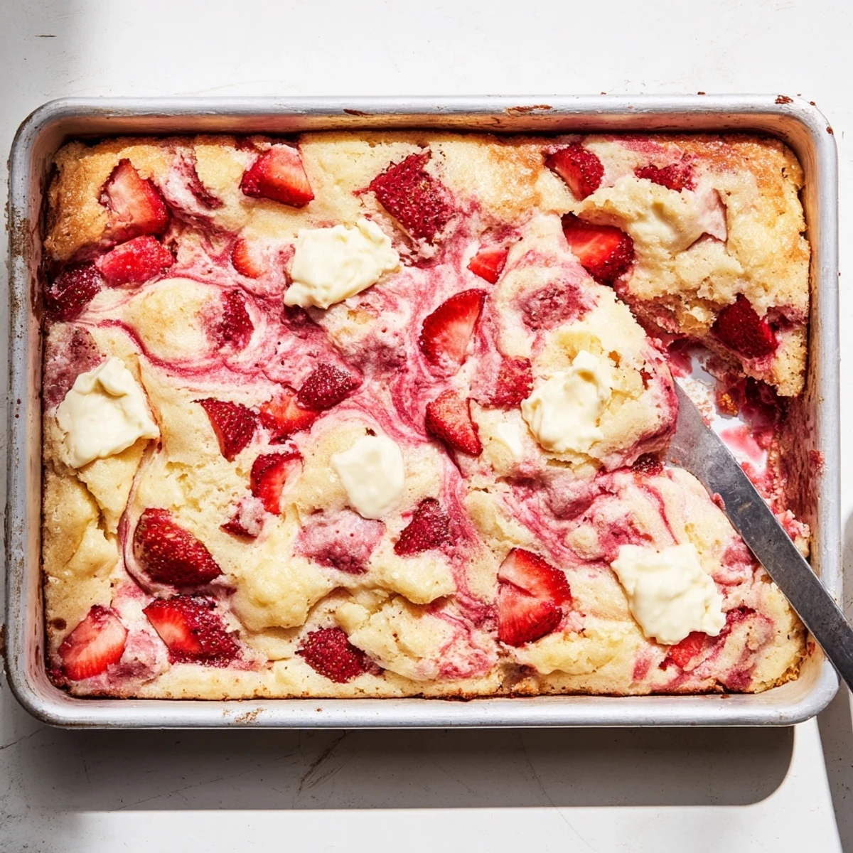 Sliced Strawberry Earthquake Cake showing gooey white chocolate chips and moist strawberry crumb