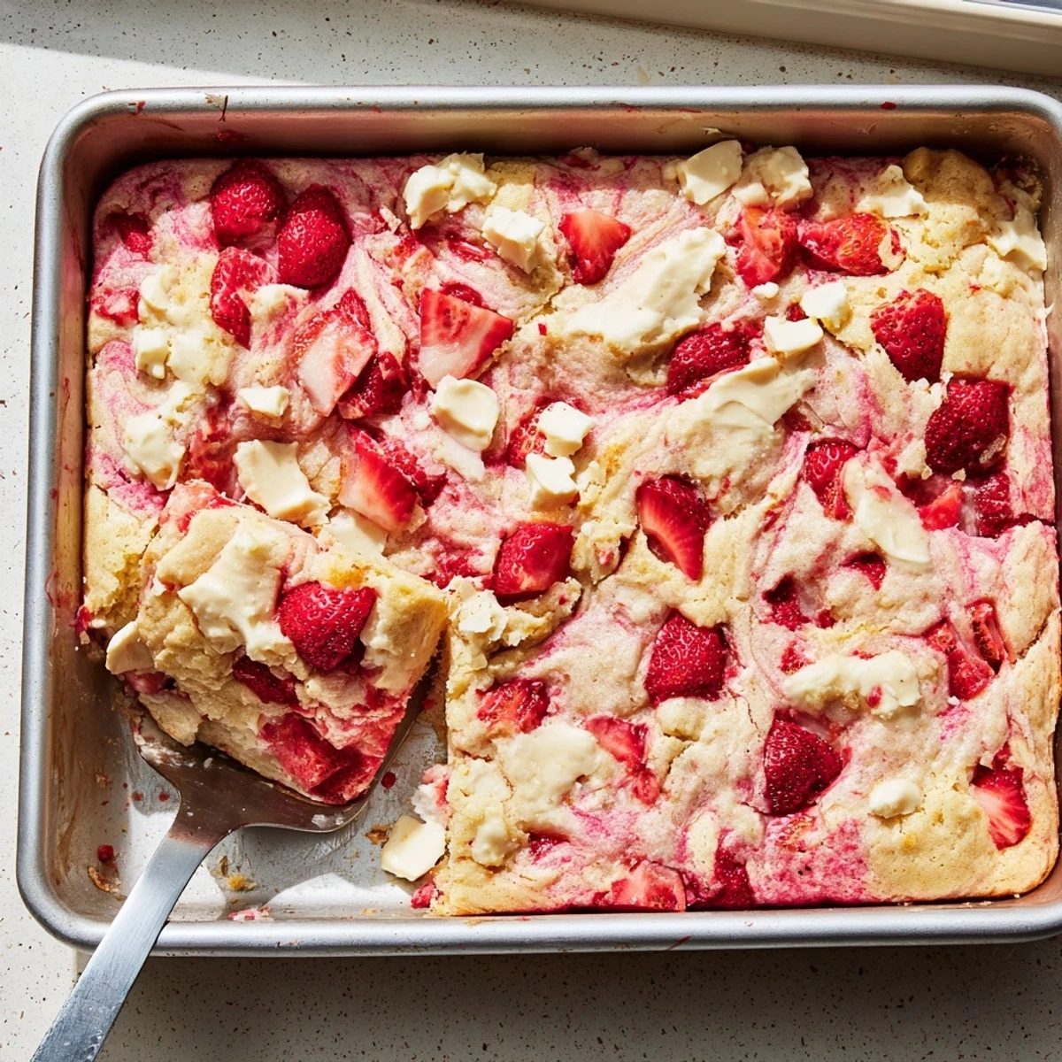 Warm Strawberry Earthquake Cake served with whipped cream drizzle and scattered coconut topping