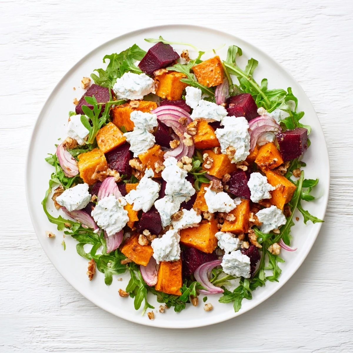 Vibrant salad bowl with roasted beets, sweet potato chunks, creamy feta and toasted walnuts