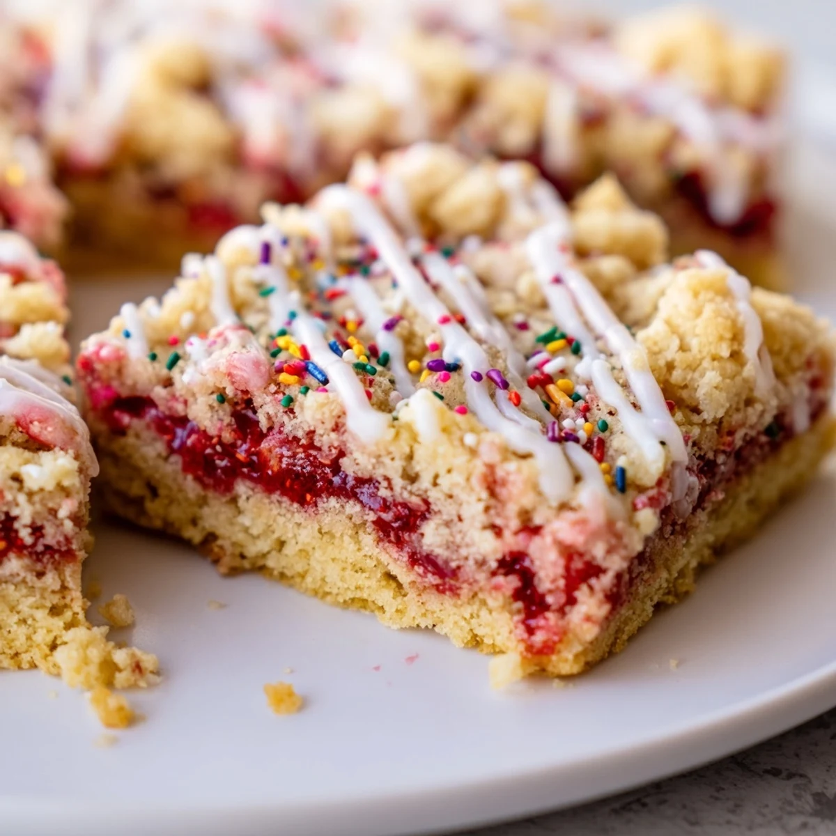 Golden Poptart cookie bars topped with white vanilla glaze and festive rainbow sprinkles