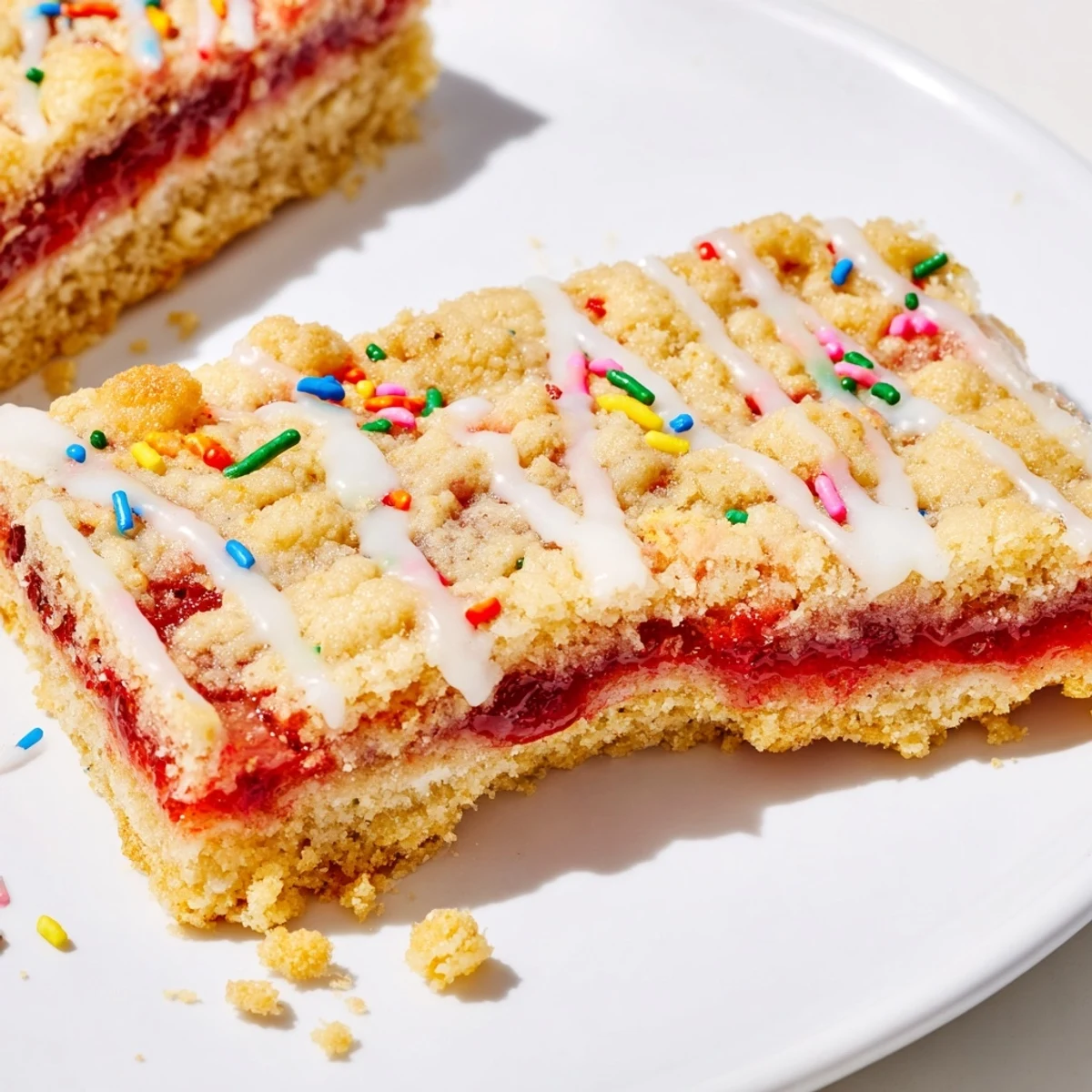 Soft baked cookie bars layered with sweet strawberry jam and creamy vanilla frosting