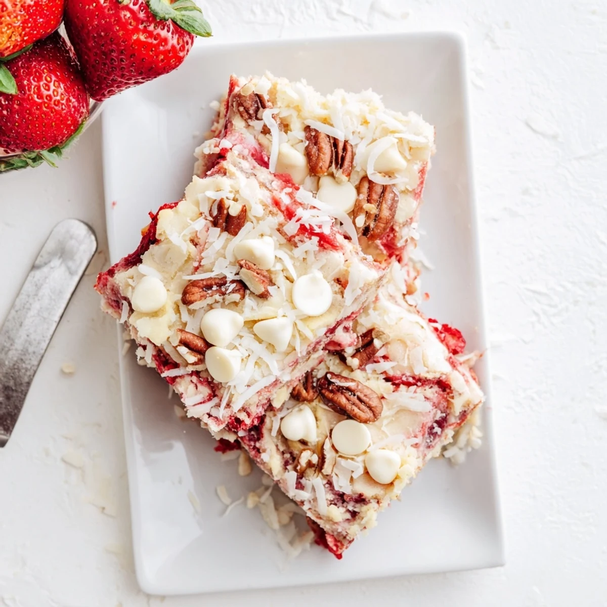 Golden strawberry earthquake cake with marbled cream cheese swirls and white chocolate chips