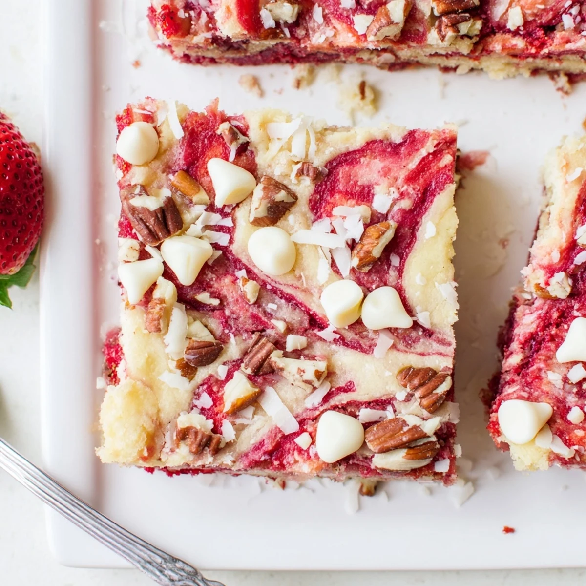 Sliced fresh strawberries atop swirled cream cheese and coconut strawberry earthquake cake in a baking dish