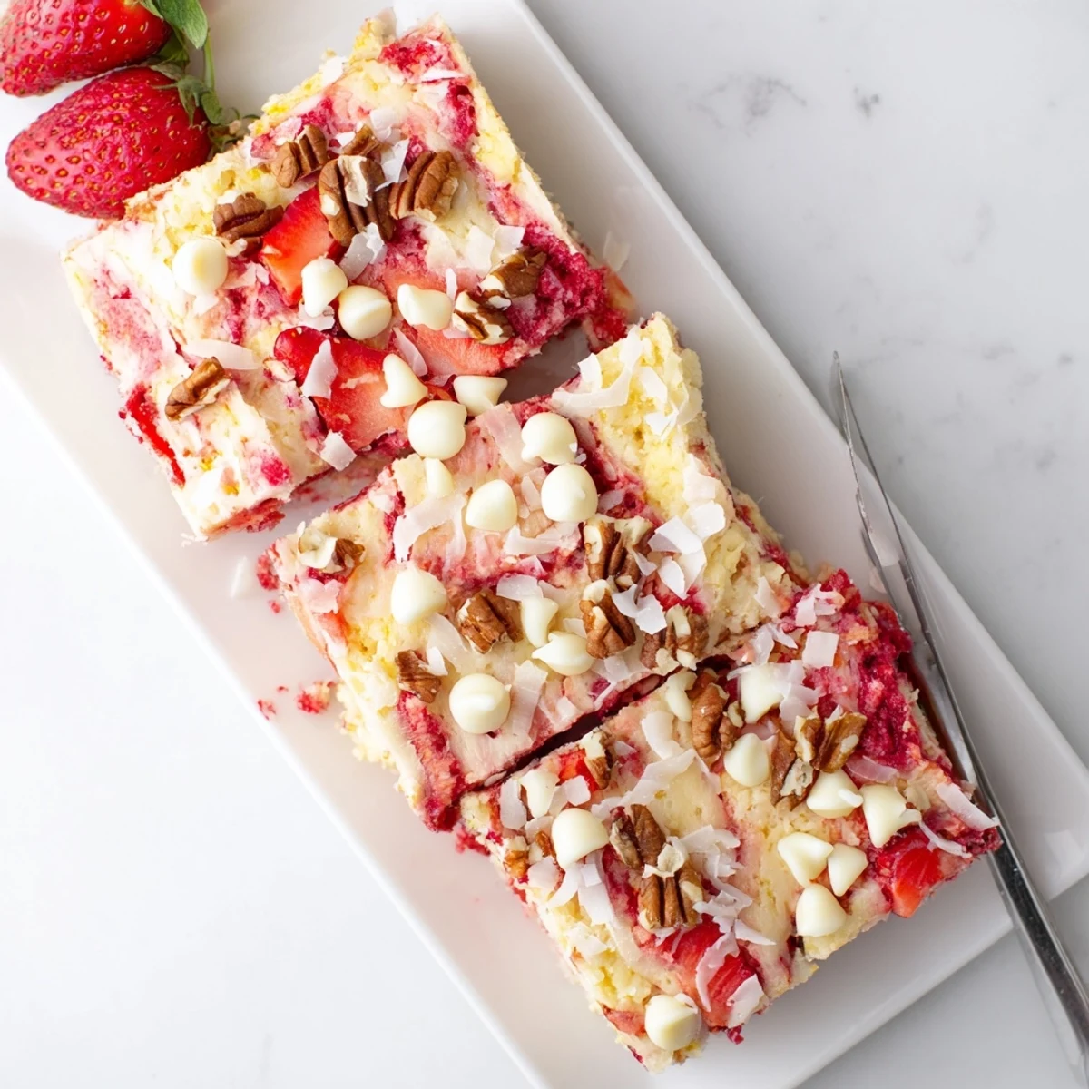 Warm slice of strawberry earthquake cake topped with juicy red berries and melted white chocolate