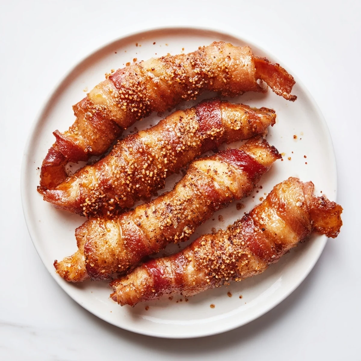 Bacon-wrapped chicken tenders coated in sweet brown sugar mixture ready for serving
