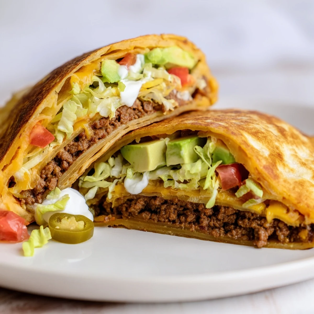 Golden keto crunchwrap filled with seasoned beef, melted cheese, and fresh vegetables on a white plate