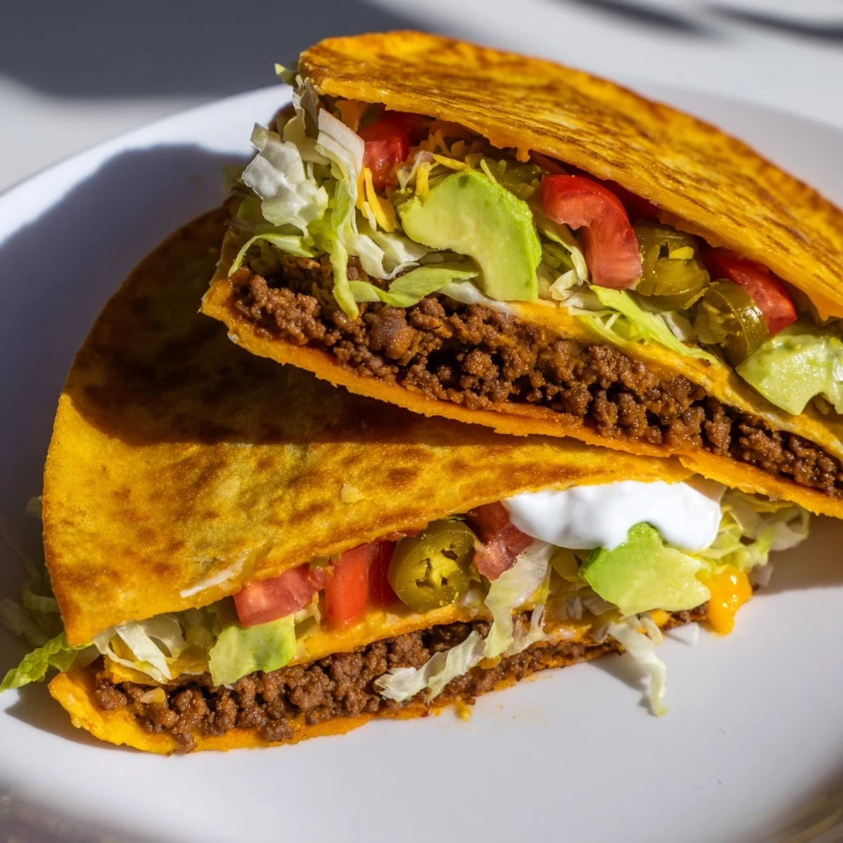 Crispy low-carb crunchwrap sliced open revealing layers of ground beef, cheddar, lettuce, and creamy toppings