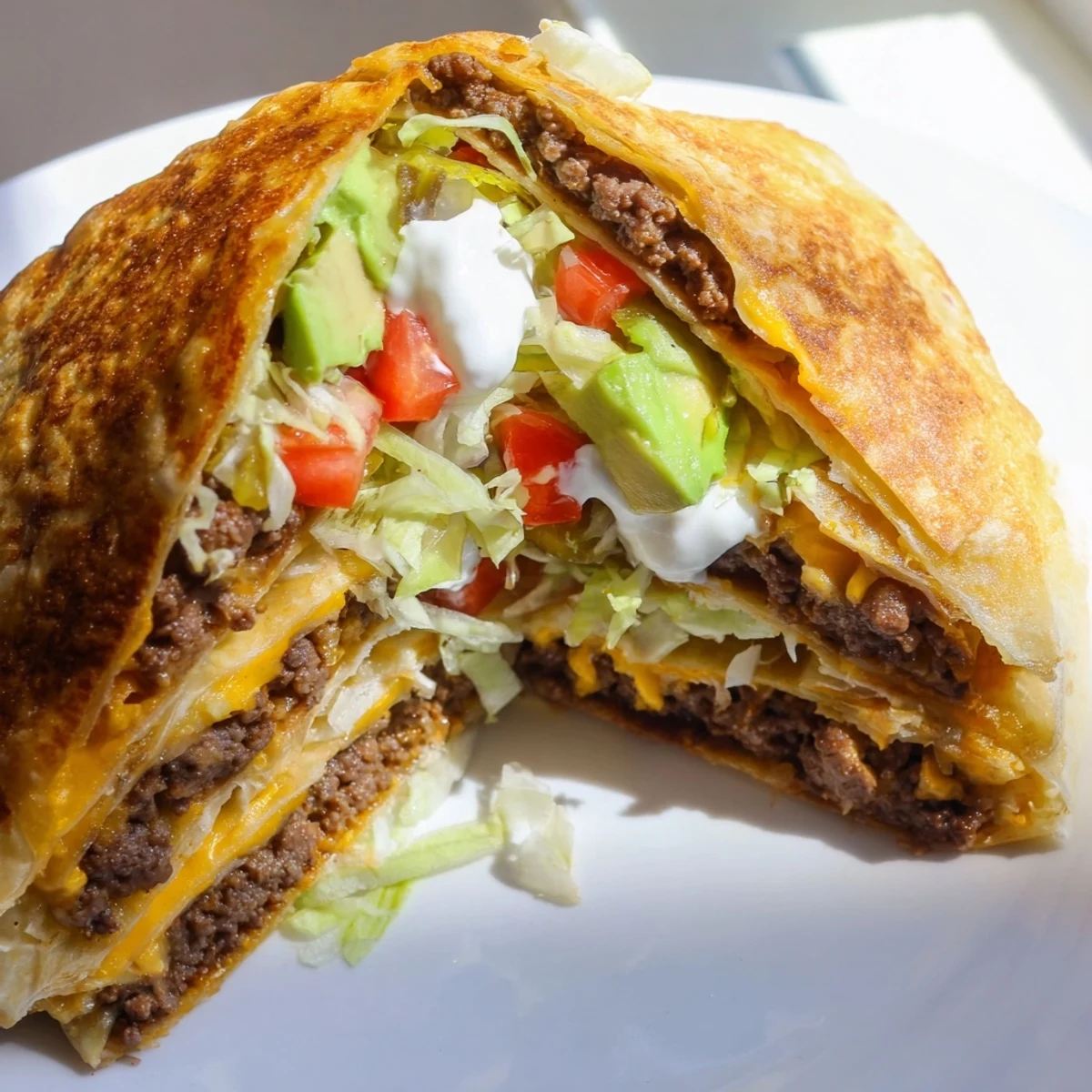 Homemade keto crunchwrap with almond flour tortilla, taco-seasoned meat, and colorful veggie toppings