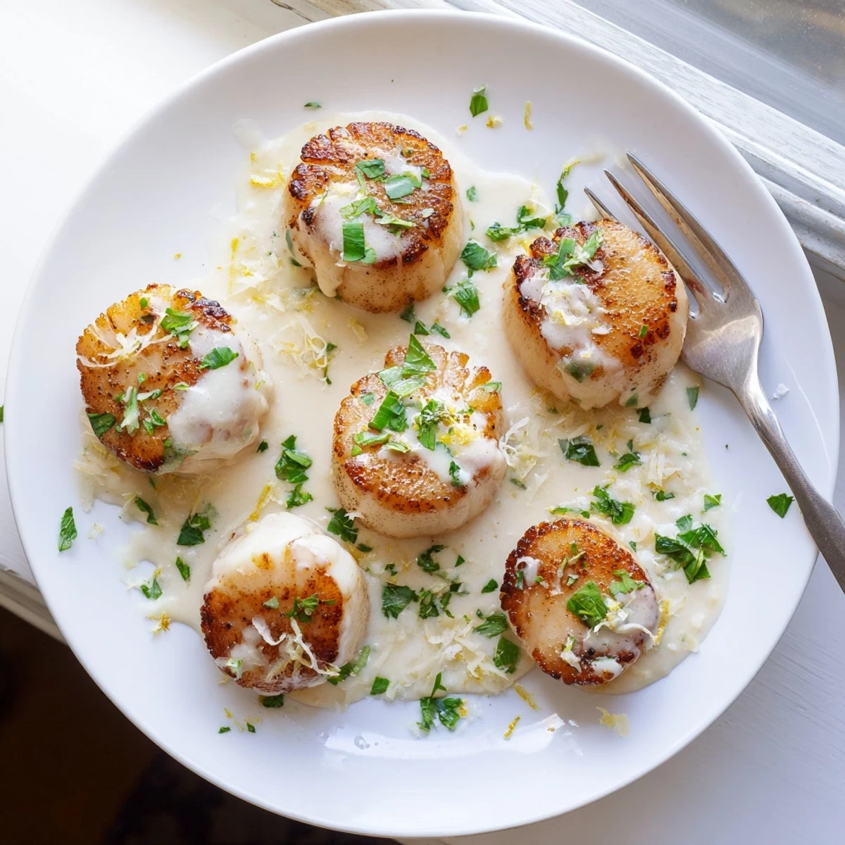 Golden seared sea scallops resting in a rich spicy Cajun cream sauce garnished with fresh parsley