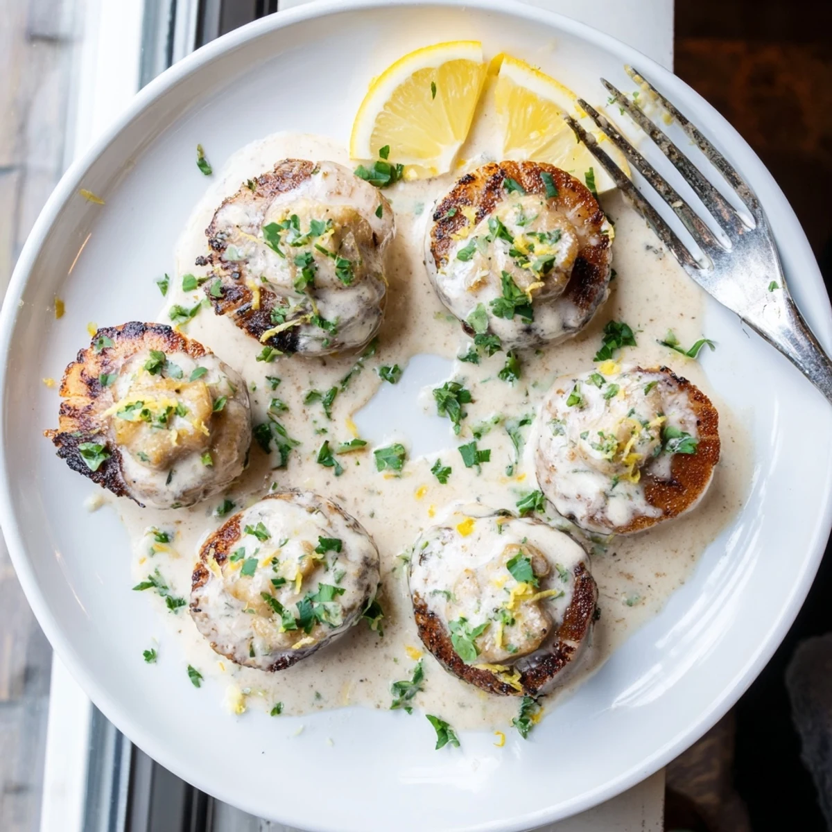 Perfectly cooked scallops with golden crusts swimming in a creamy Cajun spiced sauce over white plate