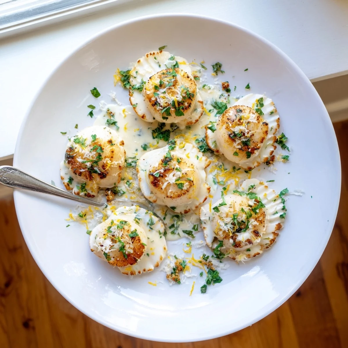 Juicy pan-seared scallops drizzled with velvety Cajun cream sauce and topped with chopped green parsley