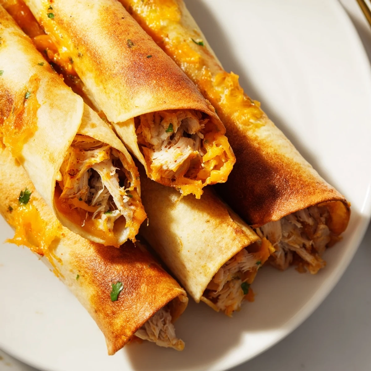 Golden crispy chicken taquitos with melted cheese oozing from warm corn tortillas