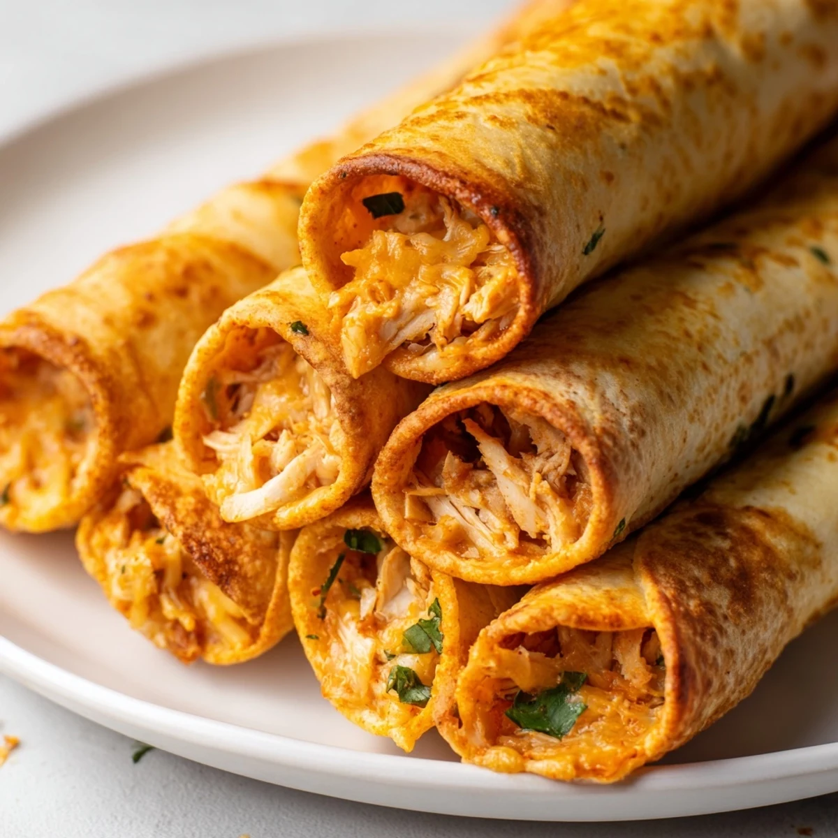 Baked chicken taquitos arranged on serving platter with guacamole salsa and sour cream dips