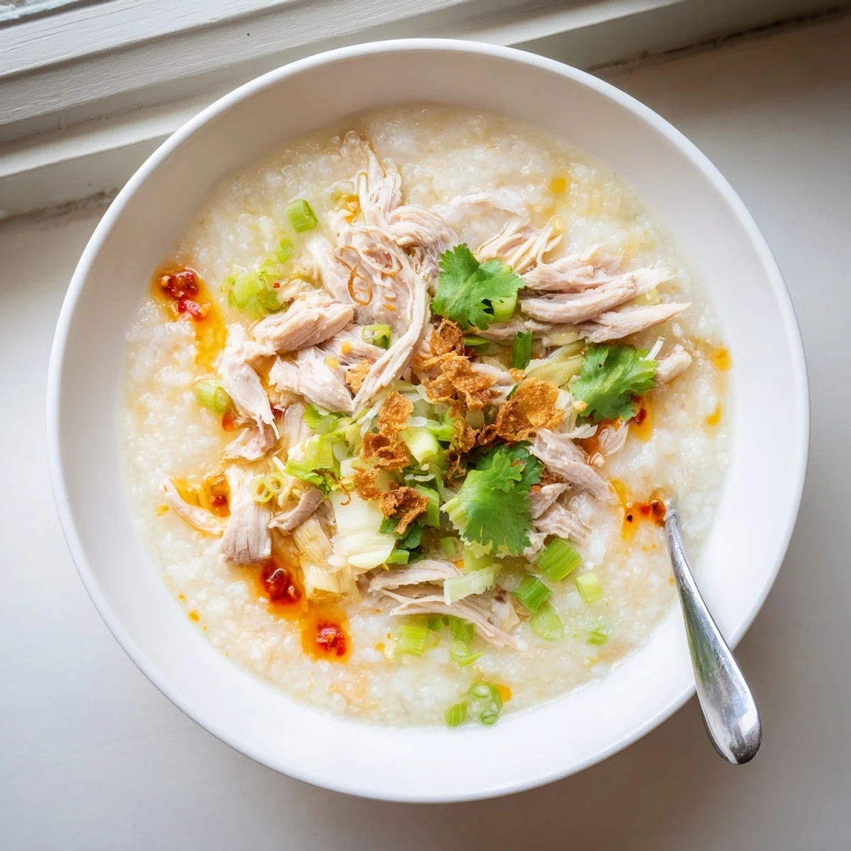 Steaming bowl of leftover Thanksgiving turkey congee garnished with sliced boiled egg, fragrant ginger, and drizzled chili oil
