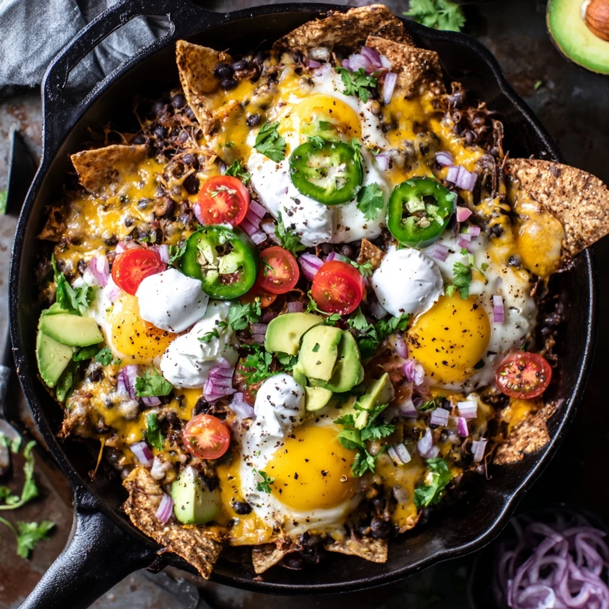 Crispy tortilla chips layered with spiced black beans, runny baked eggs, and gooey cheese in a cast iron skillet