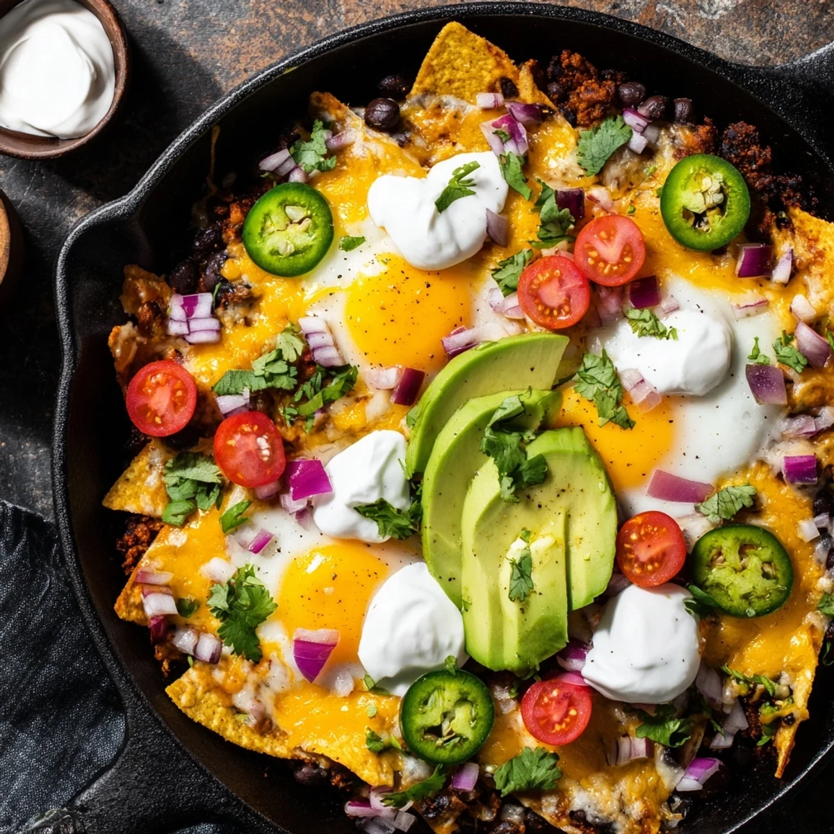 Hearty Mexican egg nachos smothered in melted Monterey Jack, topped with creamy avocado, cherry tomatoes, and dollops of sour cream