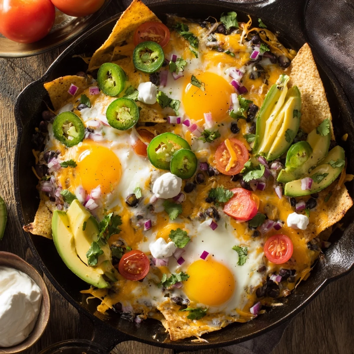 Golden Mexican egg nachos with melted cheddar, baked eggs, and zesty black beans topped with fresh avocado, salsa, and cilantro