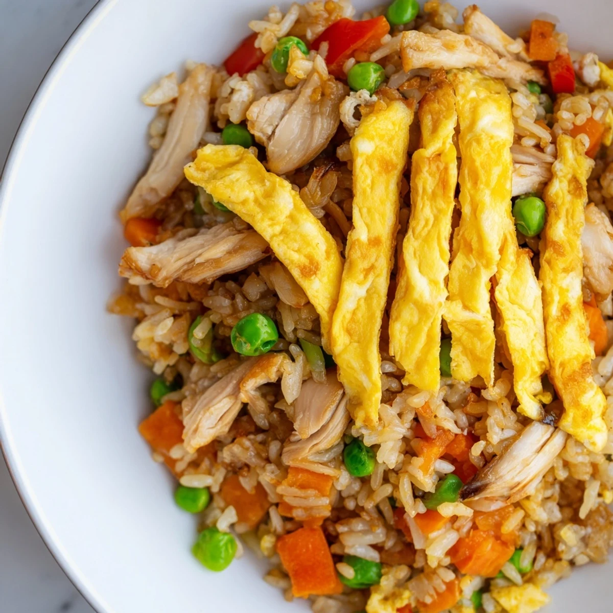 Golden chicken fried rice topped with delicate sliced egg omelette strips and colorful vegetables