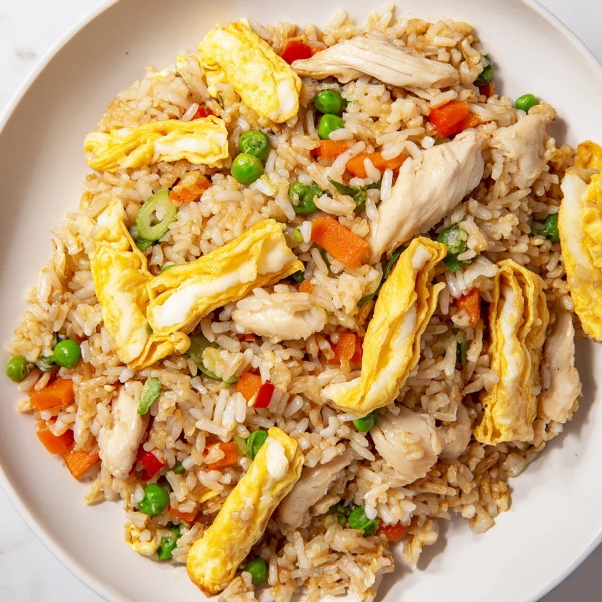 Steaming bowl of chicken fried rice featuring tender meat, crisp veggies, and rolled egg omelette garnish