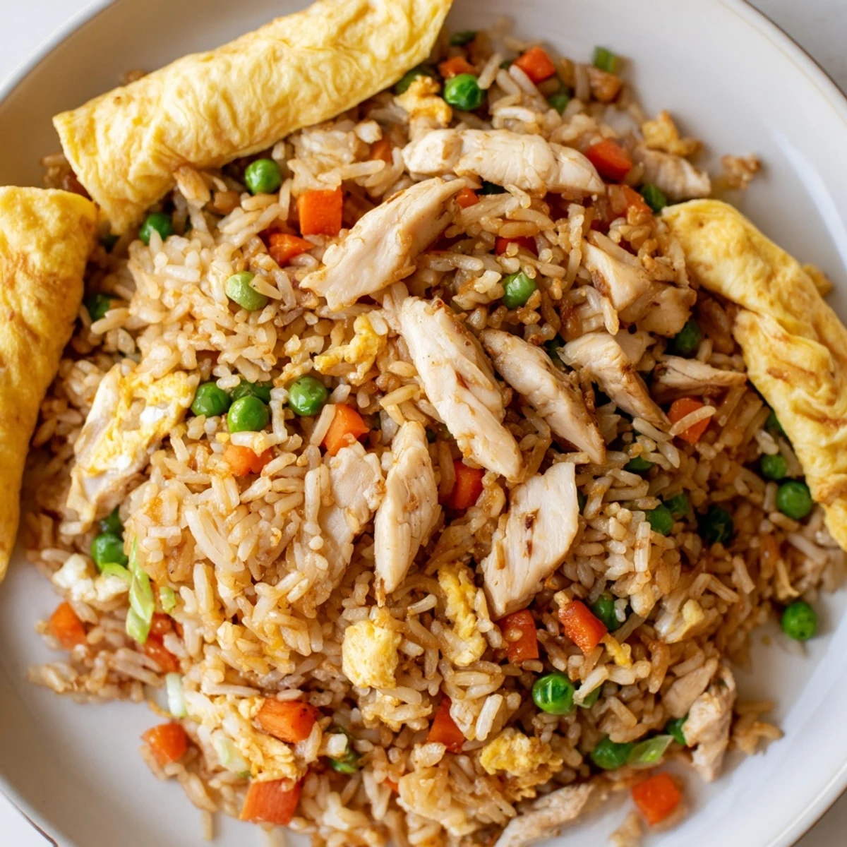 Asian-style chicken fried rice stir-fry with savory soy sauce and golden egg omelette ribbons scattered throughout