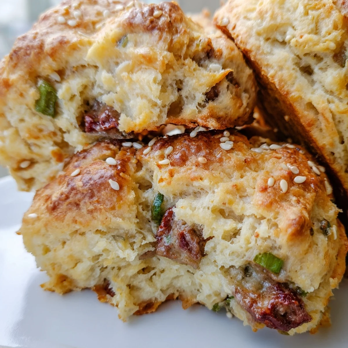 Golden homemade Chinese sausage biscuits with visible sausage pieces and scallion bits