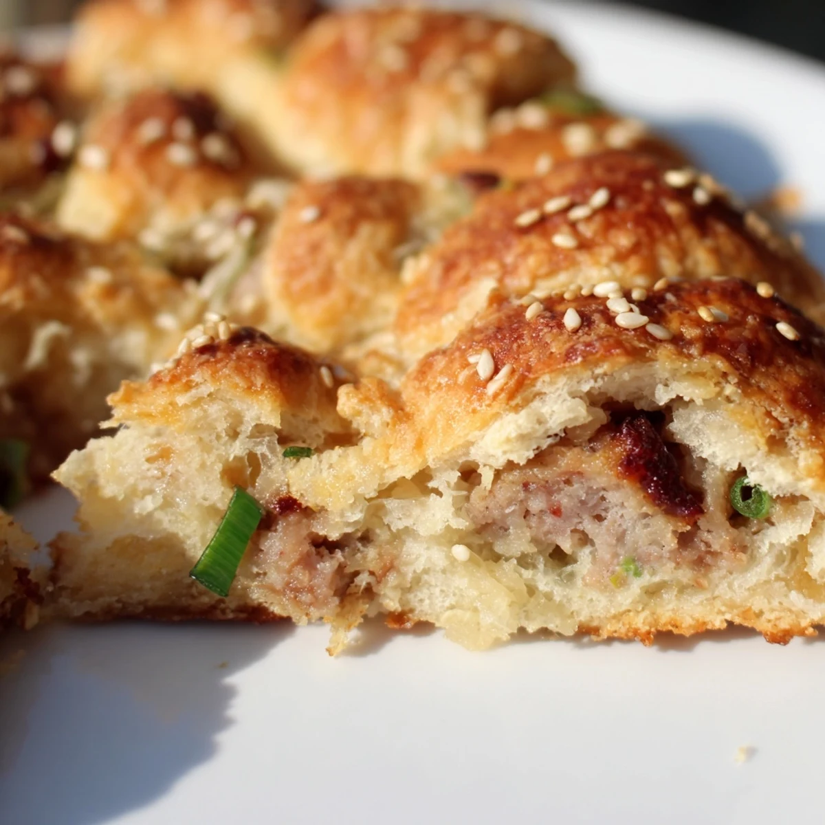 Freshly baked fluffy biscuits studded with savory Chinese sausage on white platter