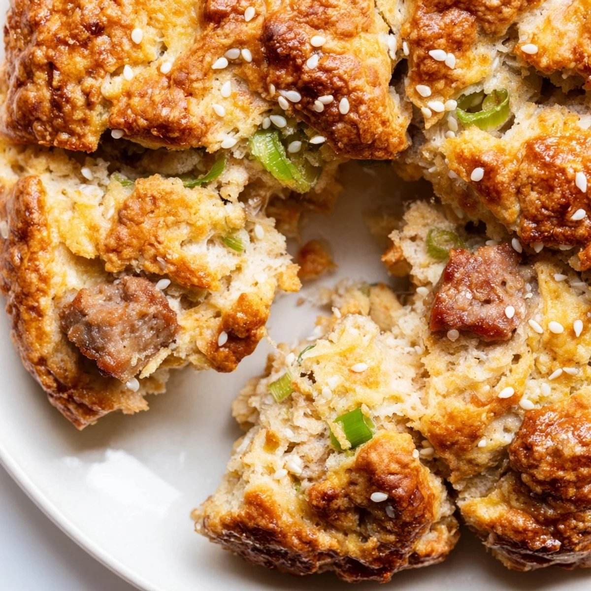 Warm golden Chinese sausage biscuits brushed with egg and sprinkled with sesame seeds