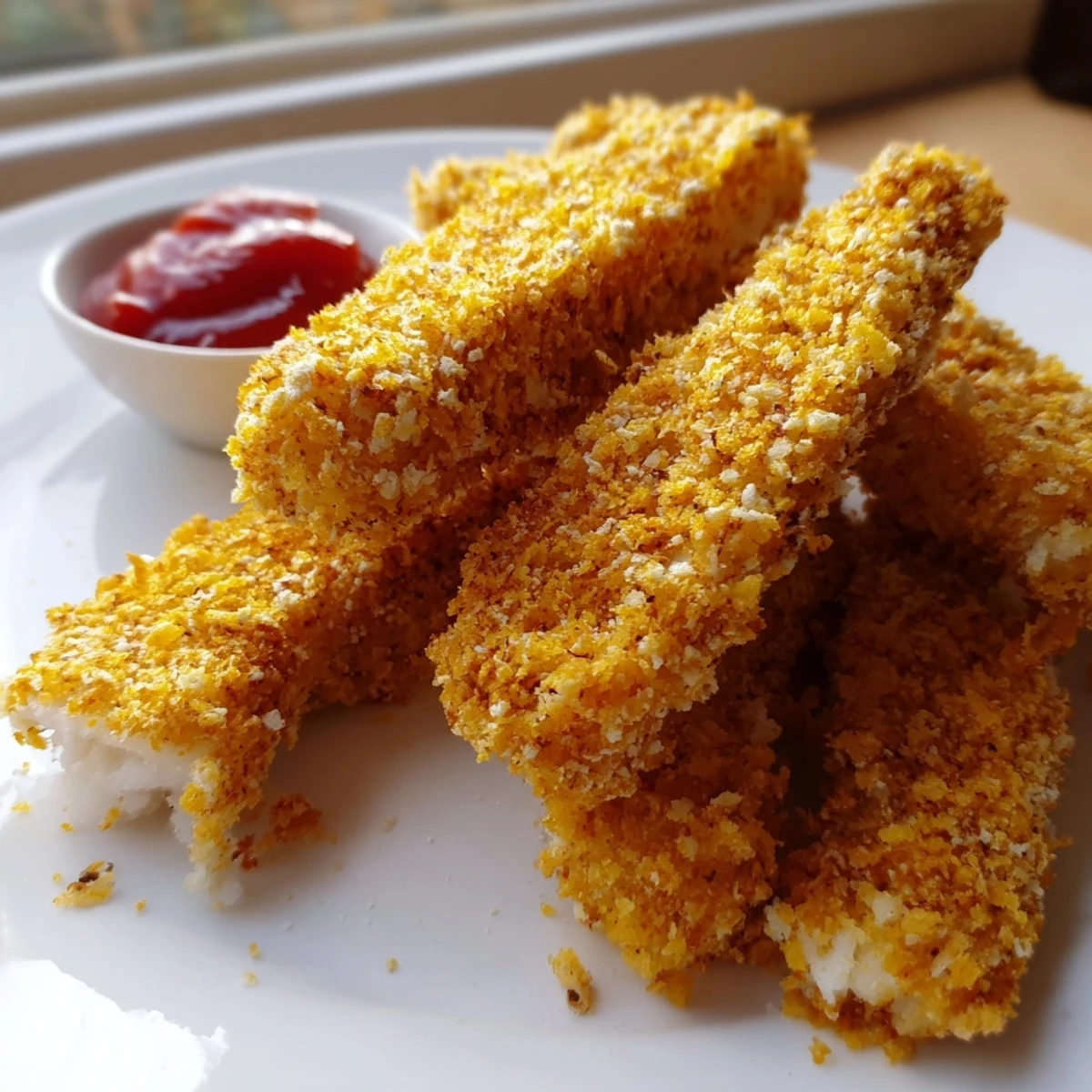Golden corn chip fish fingers arranged on a white plate with lemon wedges