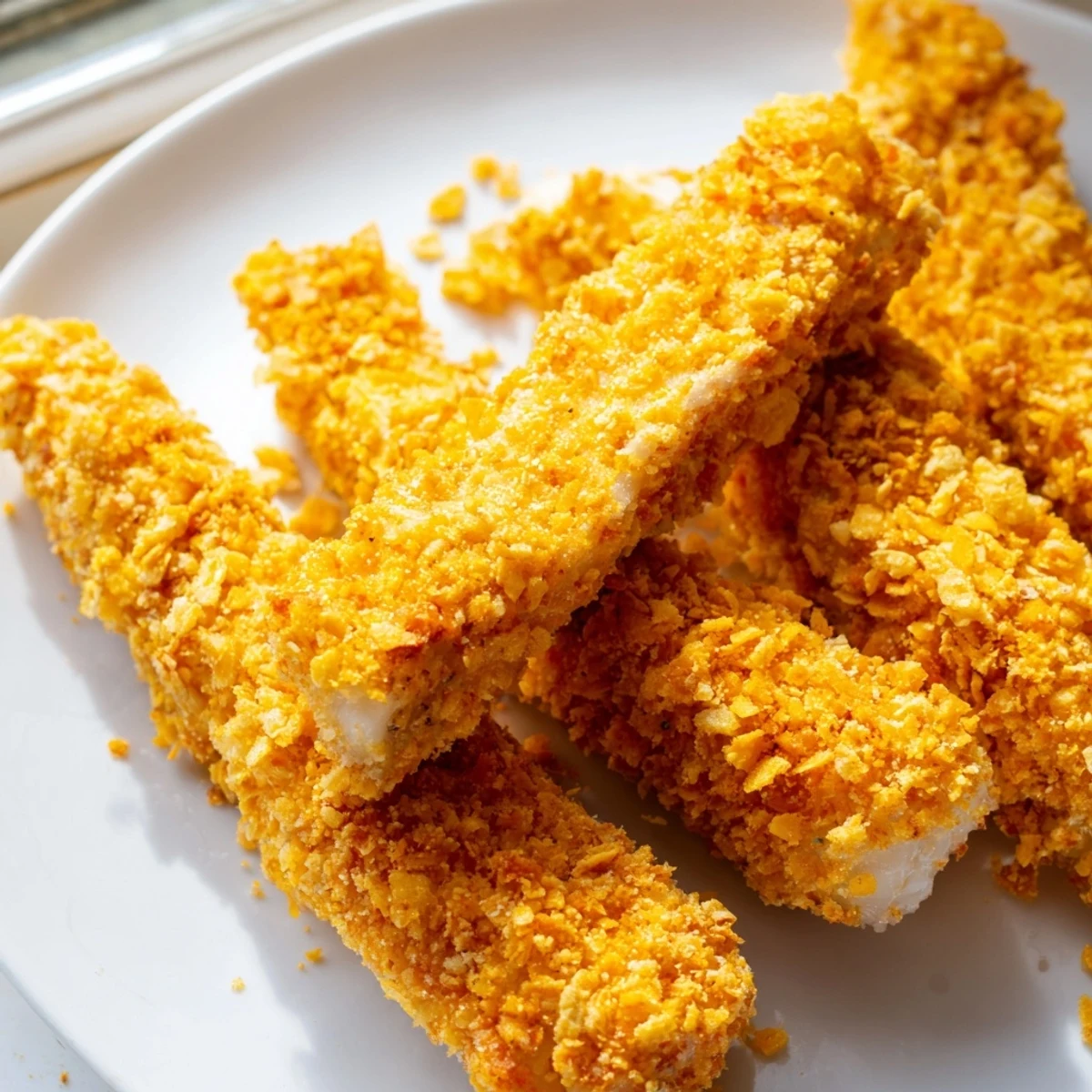 Oven-baked corn chip fish fingers served with tartar sauce for dipping
