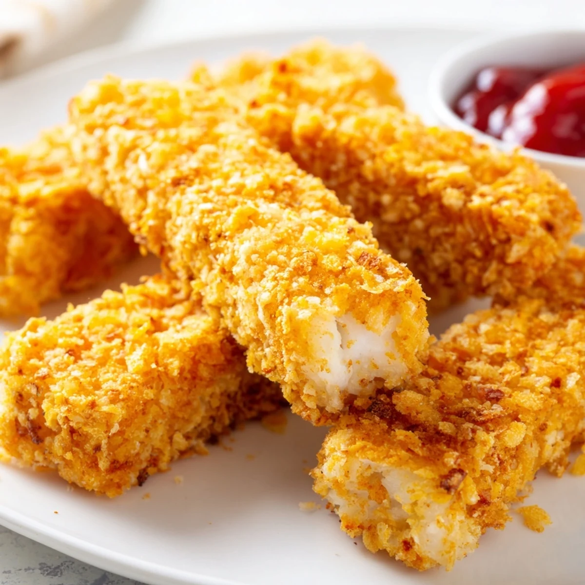 Crunchy baked fish fingers coated in crushed tortilla chips, perfect crispy texture