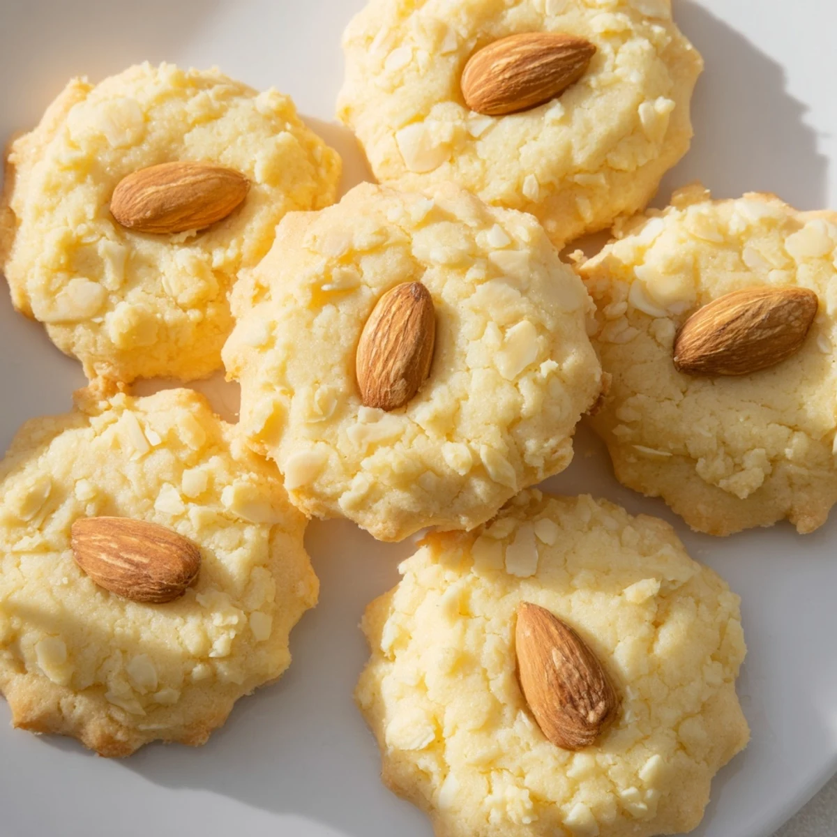 Golden Chinese almond cookies topped with whole almonds and brushed with egg wash