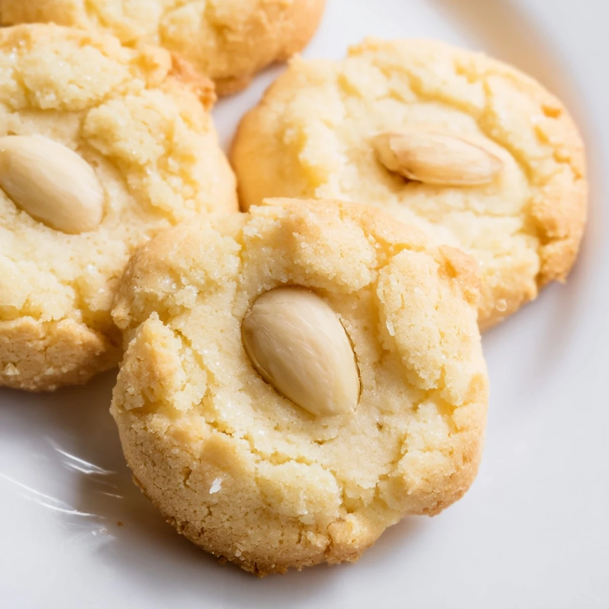 Plate of crumbly Chinese almond cookies with a whole almond pressed into each center