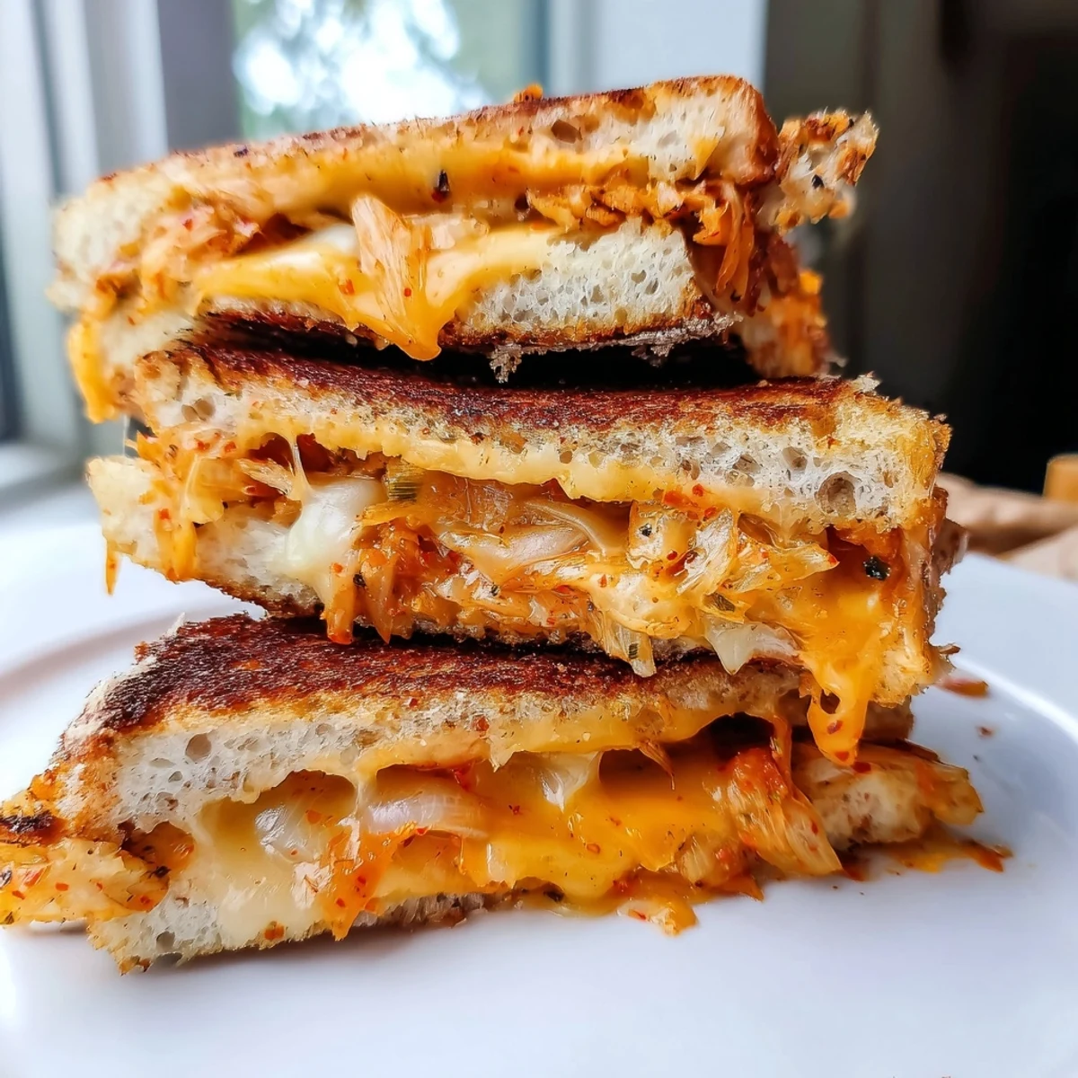 Golden brown kimchi grilled cheese sandwich with gooey melted cheese oozing from the sides