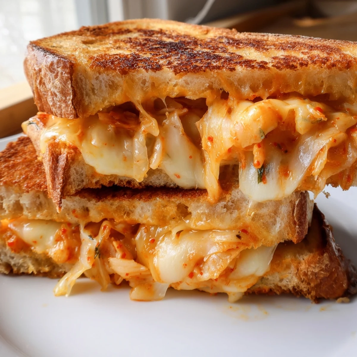 Sliced kimchi grilled cheese sandwich displaying layers of melted mozzarella and tangy Korean kimchi filling
