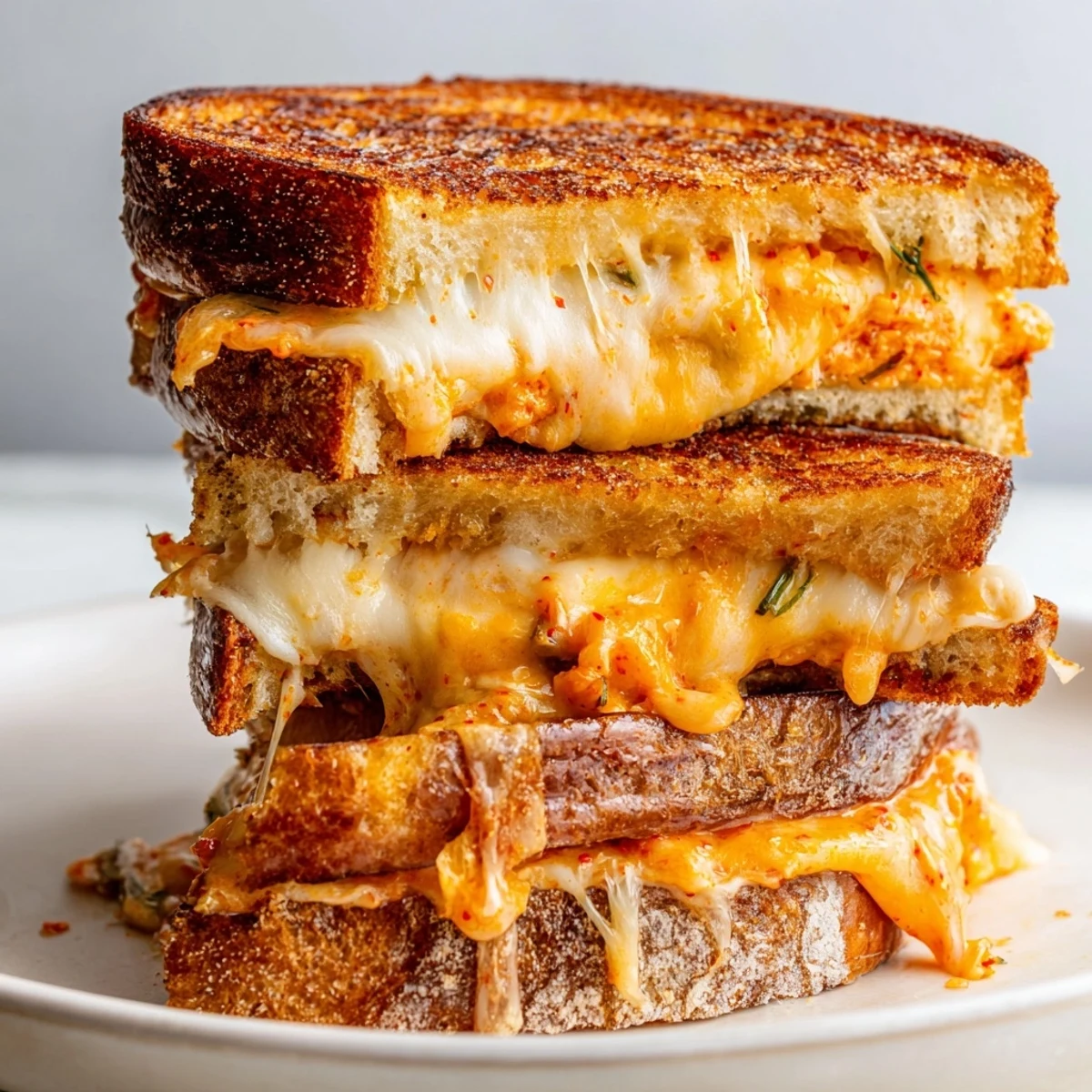 Crispy sourdough kimchi grilled cheese cut in triangles revealing spicy fermented cabbage and cheddar