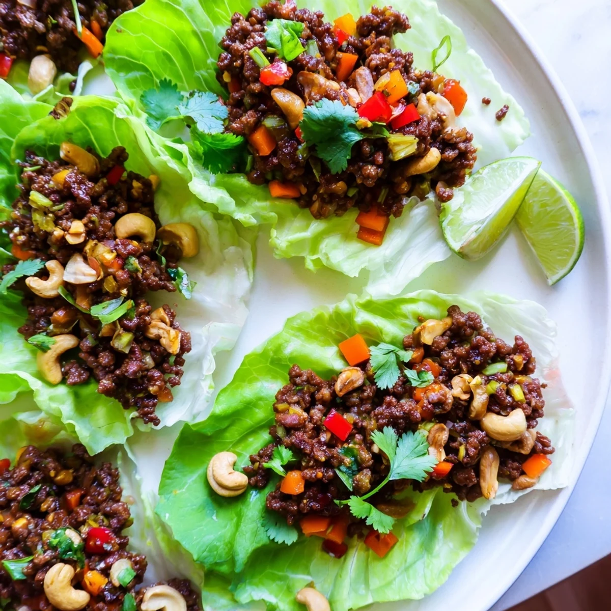 Golden beef and cashew lettuce cups filled with savory minced meat and colorful vegetables in crisp green leaves