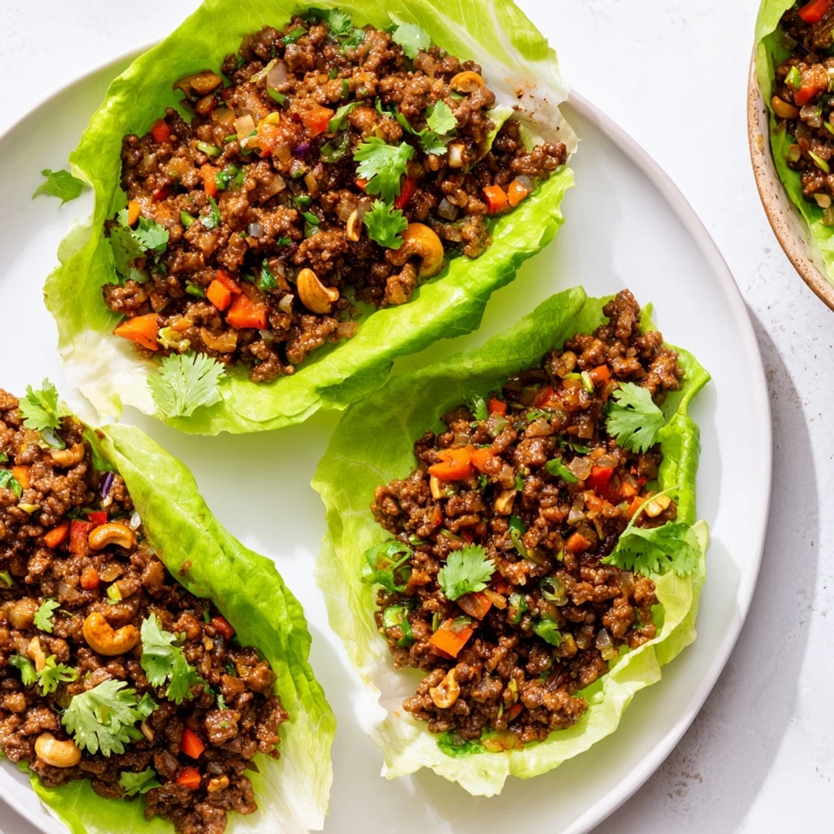 Fresh lettuce cups piled high with tender beef stir fry, crunchy cashews, and aromatic Asian seasonings