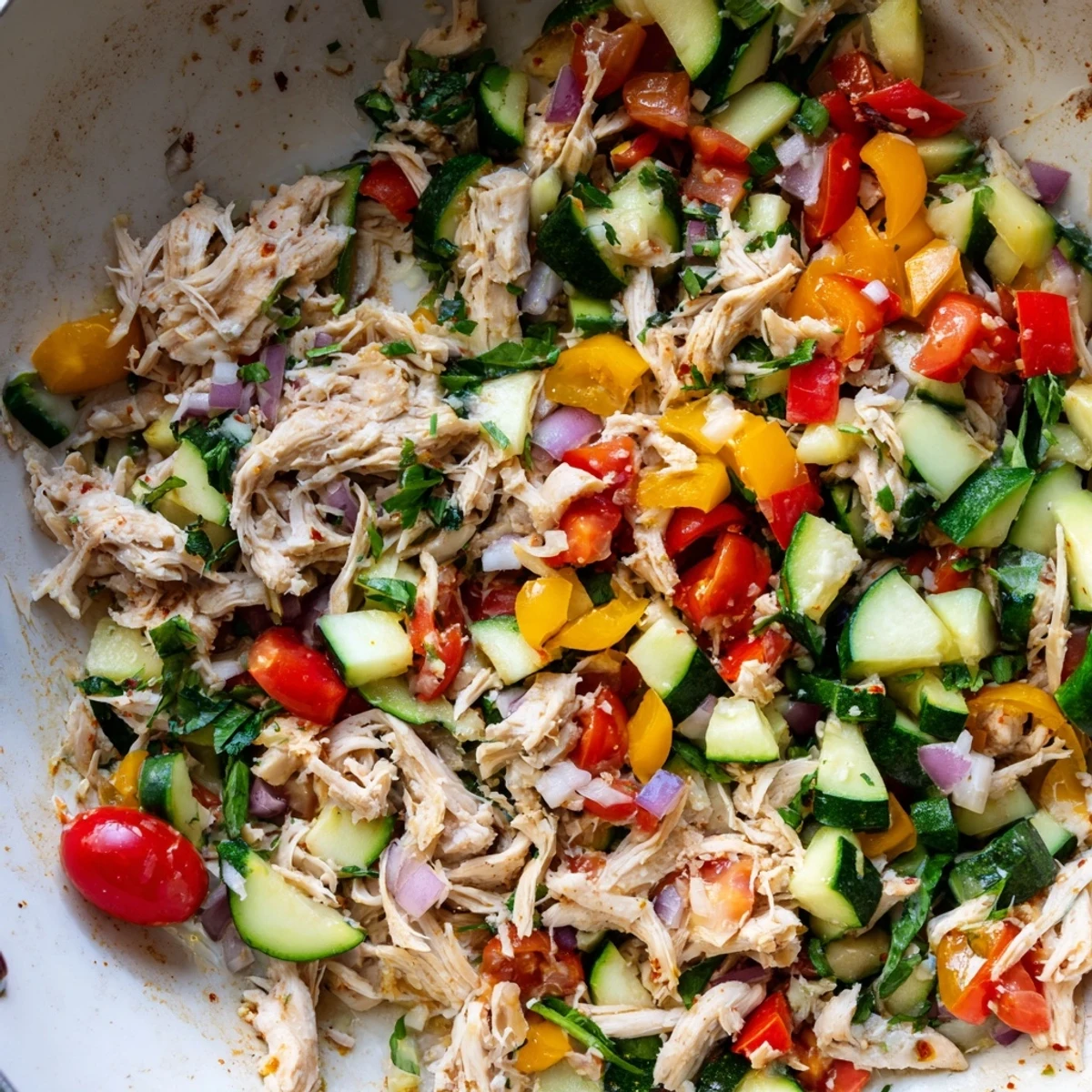 Golden rotisserie chicken and colorful bell peppers sizzling in a cast iron skillet