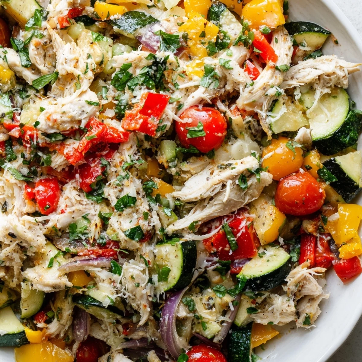 One-pan rotisserie chicken skillet with zucchini, tomatoes, and wilted spinach ready for dinner