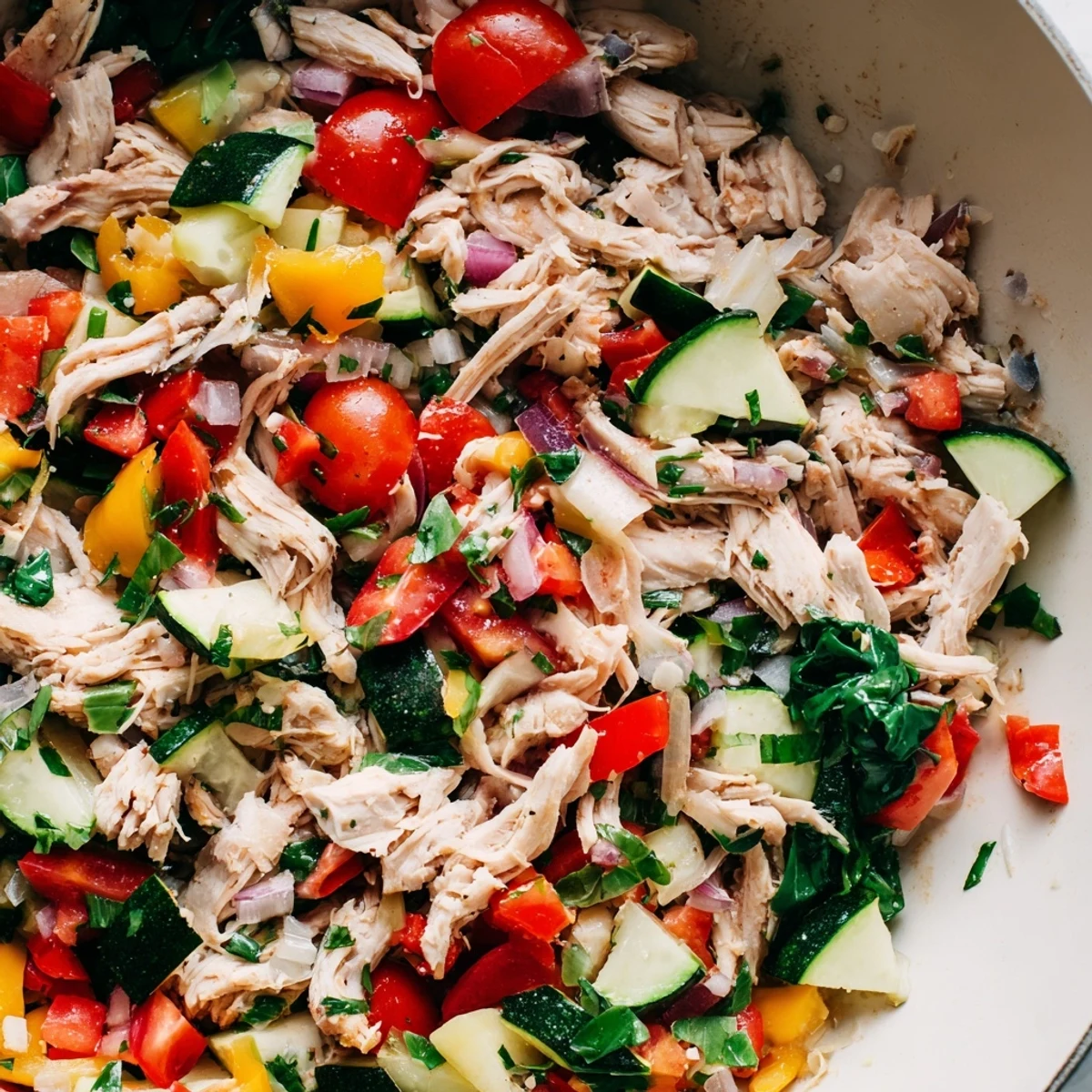 Savory rotisserie chicken vegetable skillet garnished with fresh parsley and grated Parmesan cheese