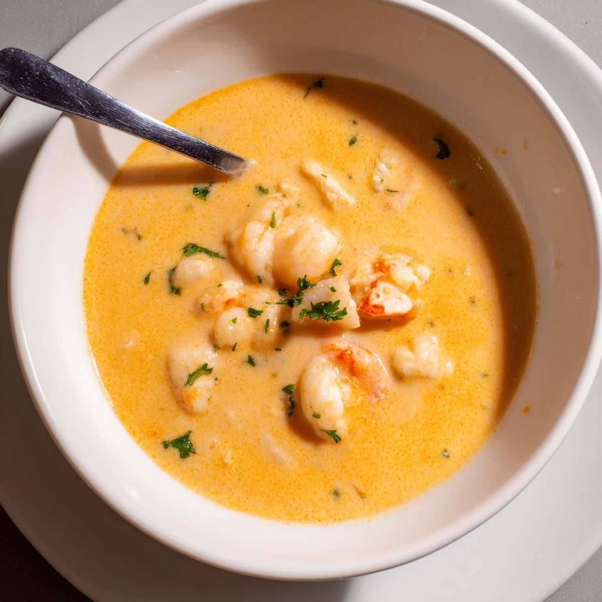 Rich creamy prawn and lobster bisque served in white bowl with fresh parsley garnish