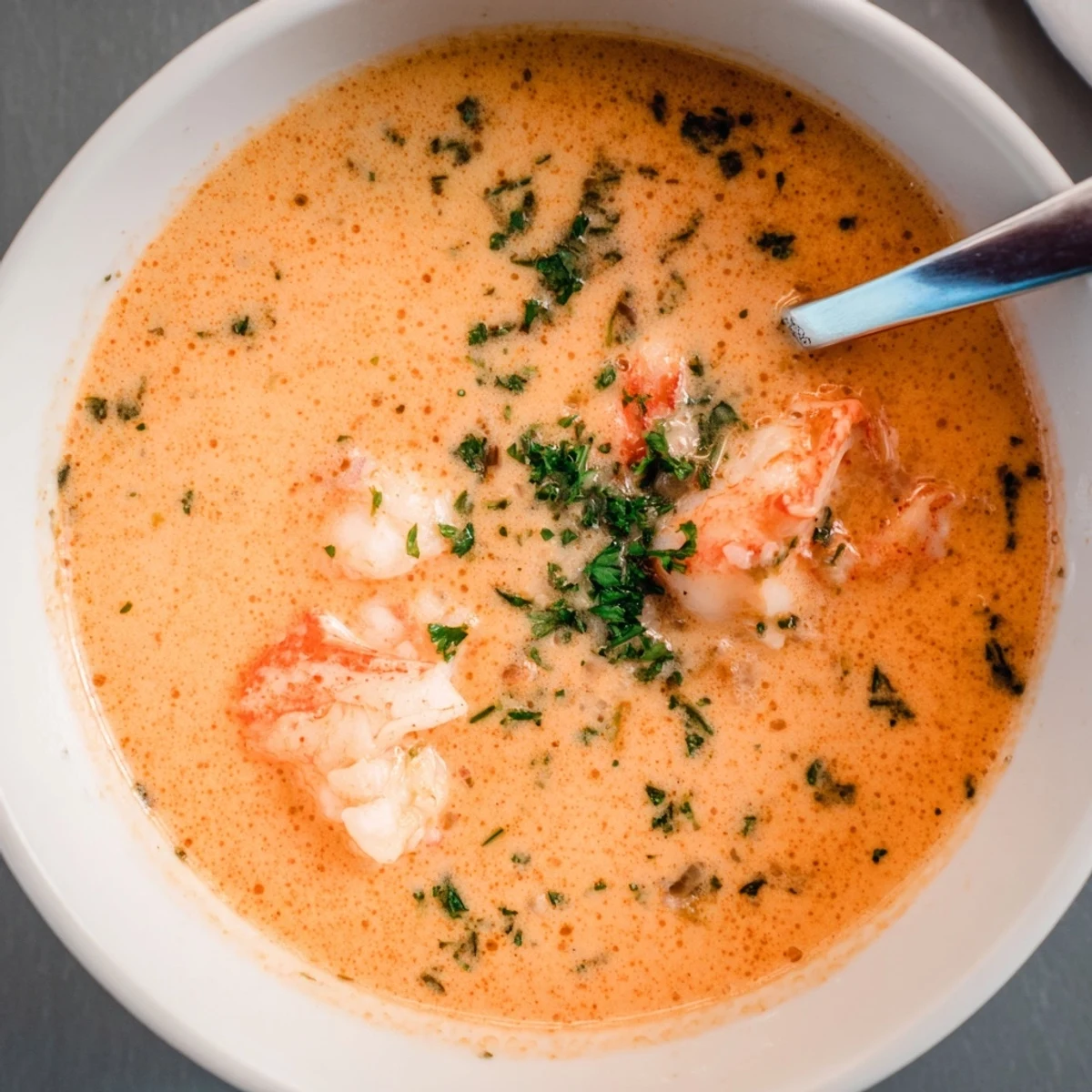 Velvety French seafood soup featuring tender prawns and lobster swimming in smooth golden cream