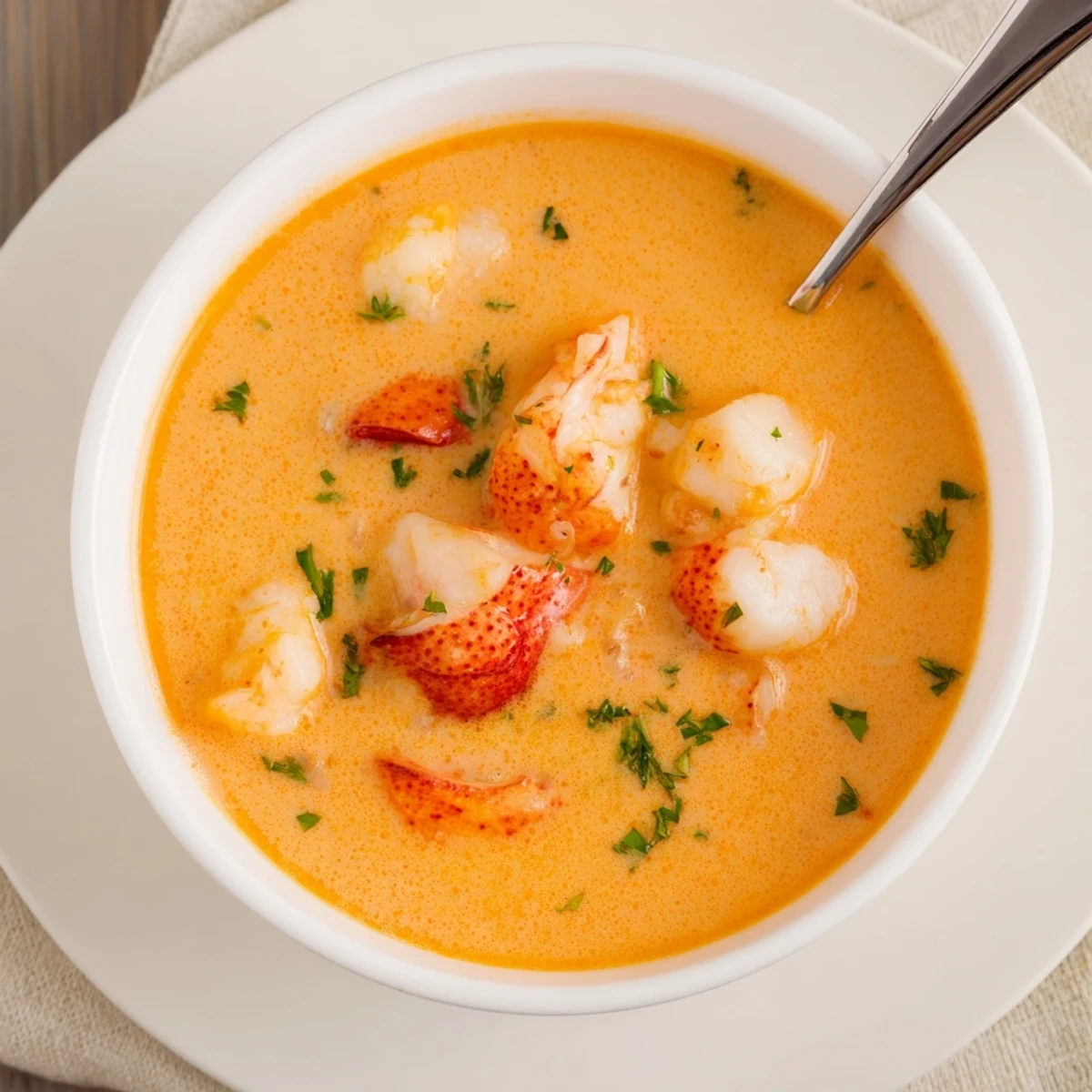 Luxurious bisque with chunks of sweet prawn and lobster in a rich elegant broth