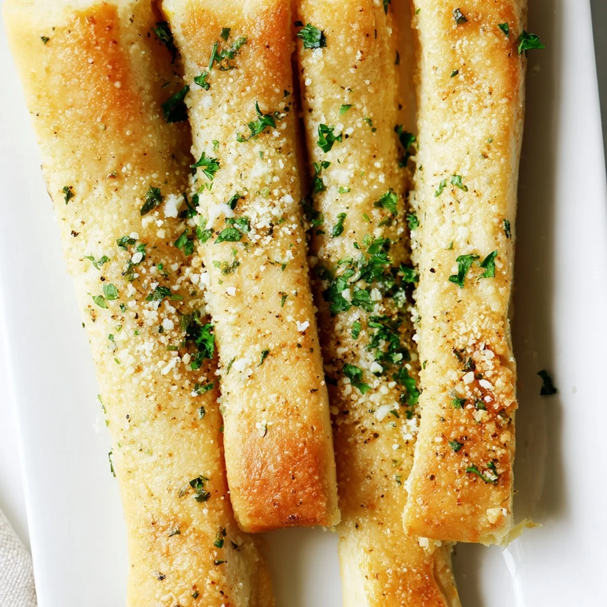 Golden keto garlic butter breadsticks brushed with melted garlic butter and fresh parsley