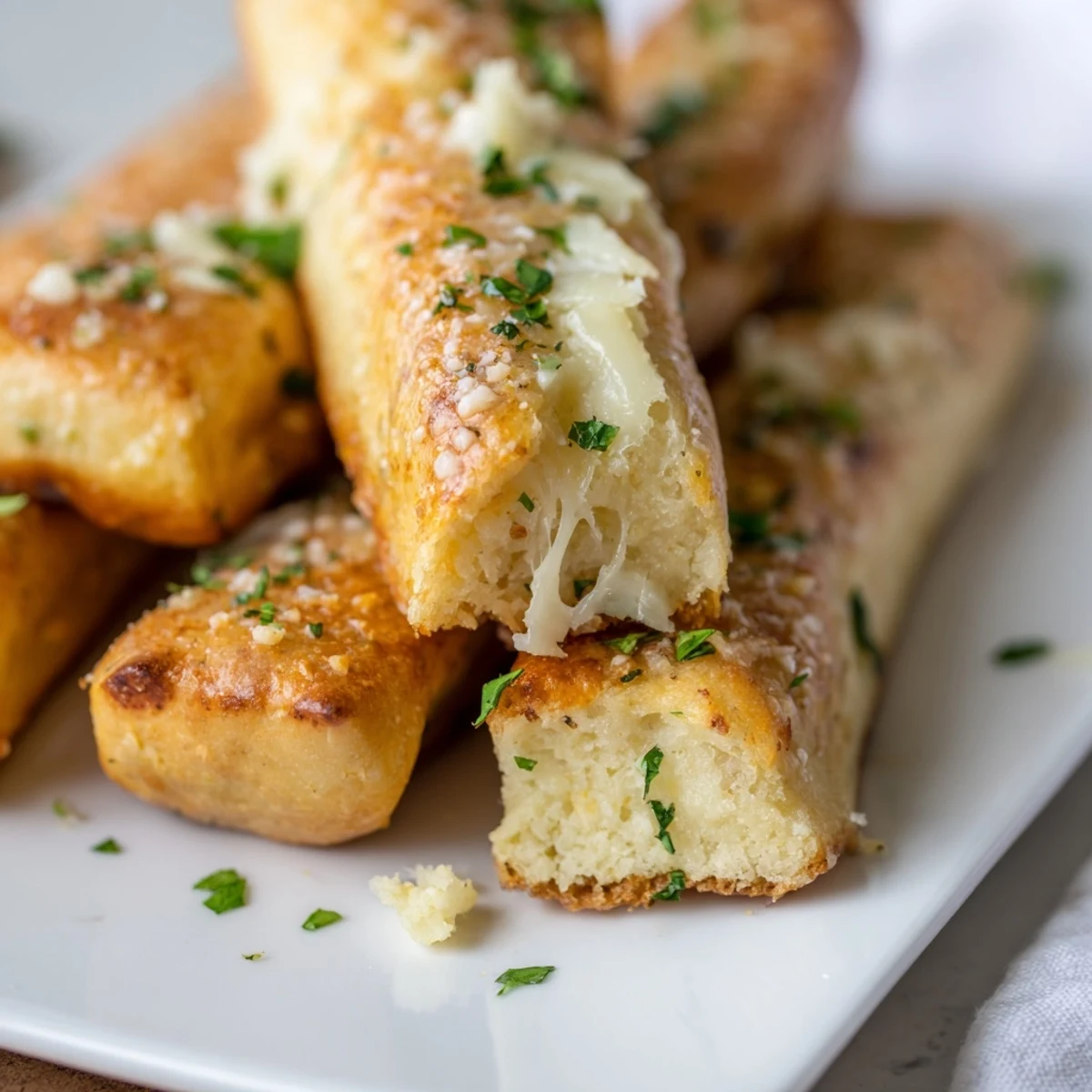 Soft low-carb breadsticks topped with savory garlic butter and grated Parmesan cheese