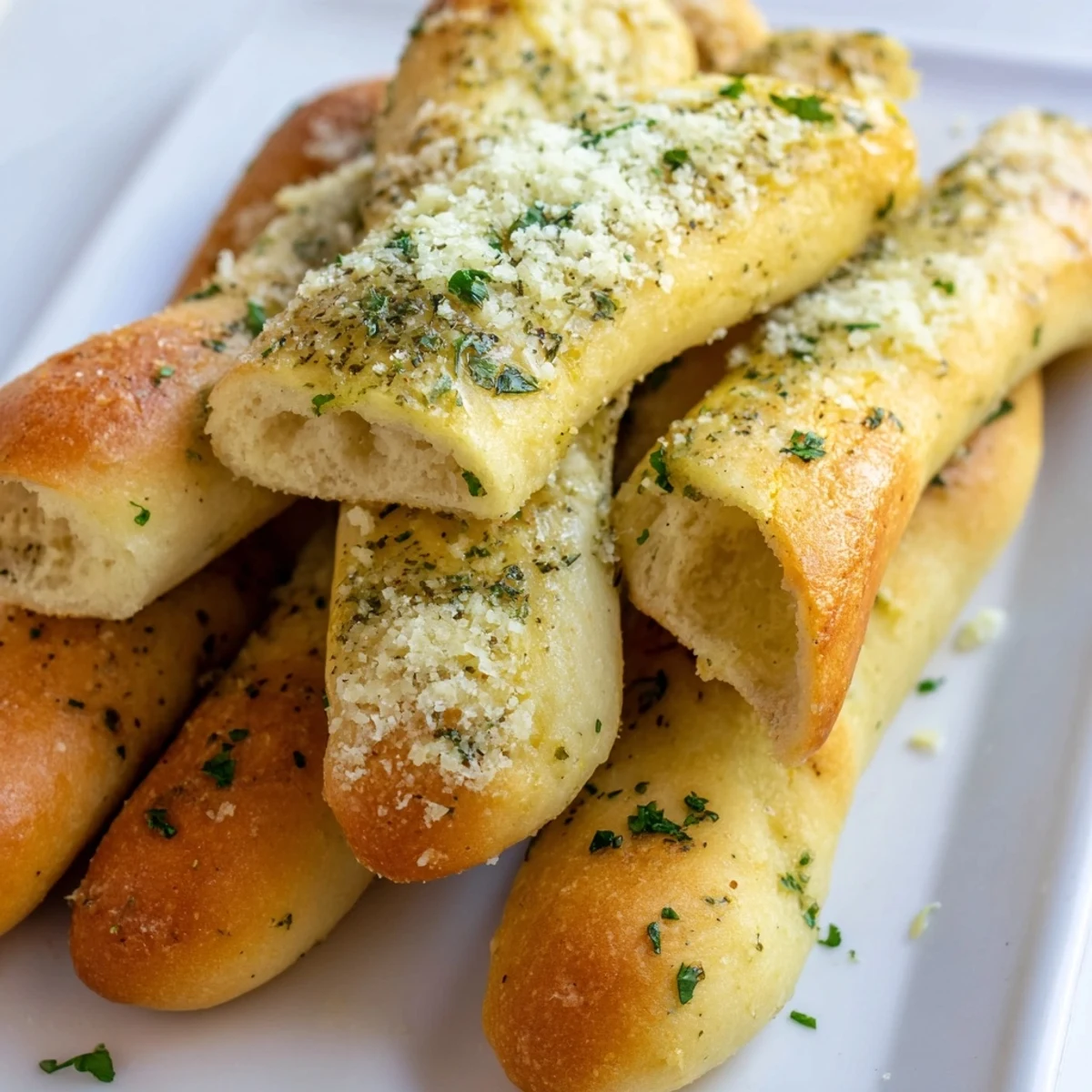 Warm cheesy keto breadsticks drizzled with garlic butter and chopped parsley garnish