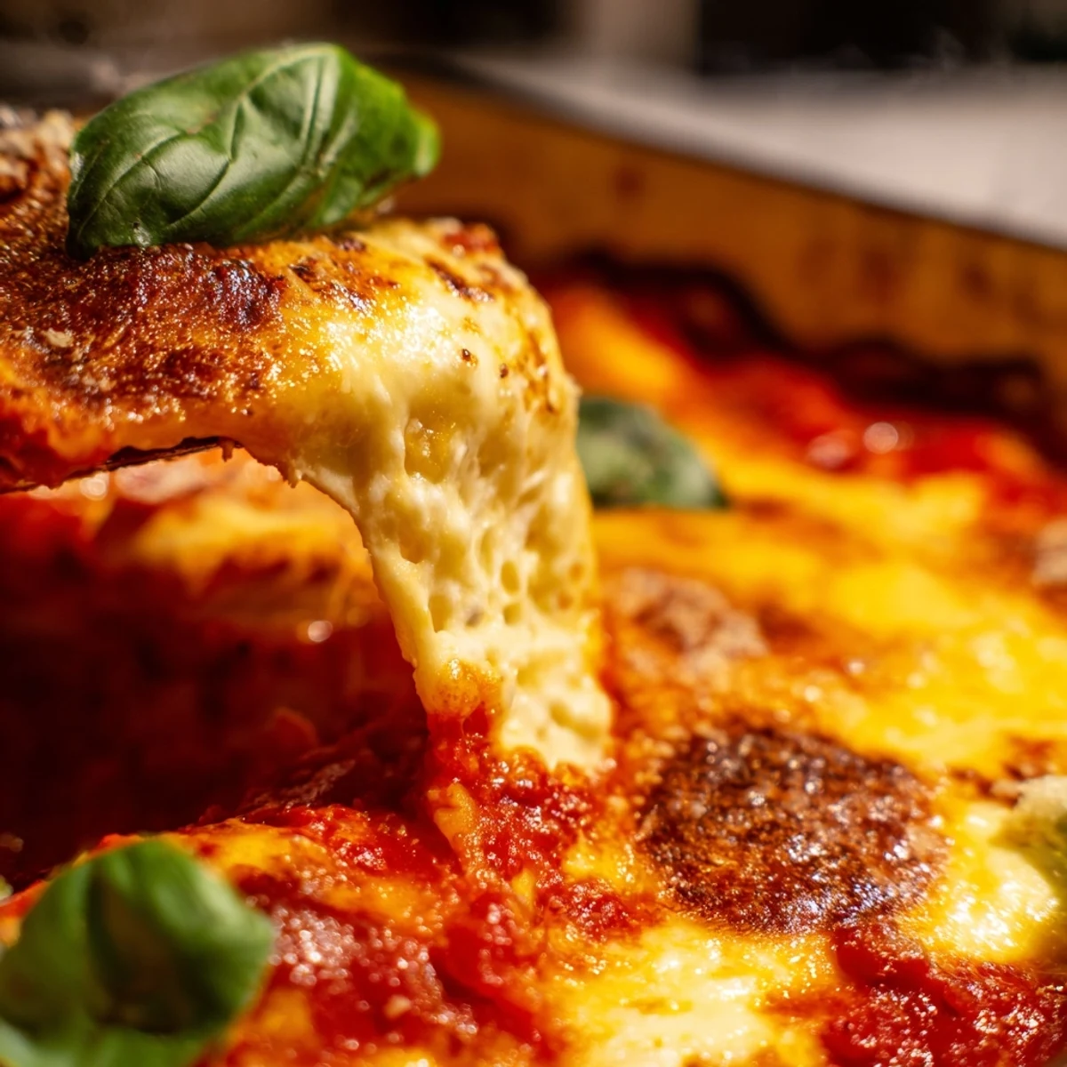 Golden bubbling dumpling lasagna fresh from the oven with melted mozzarella and fresh basil garnish