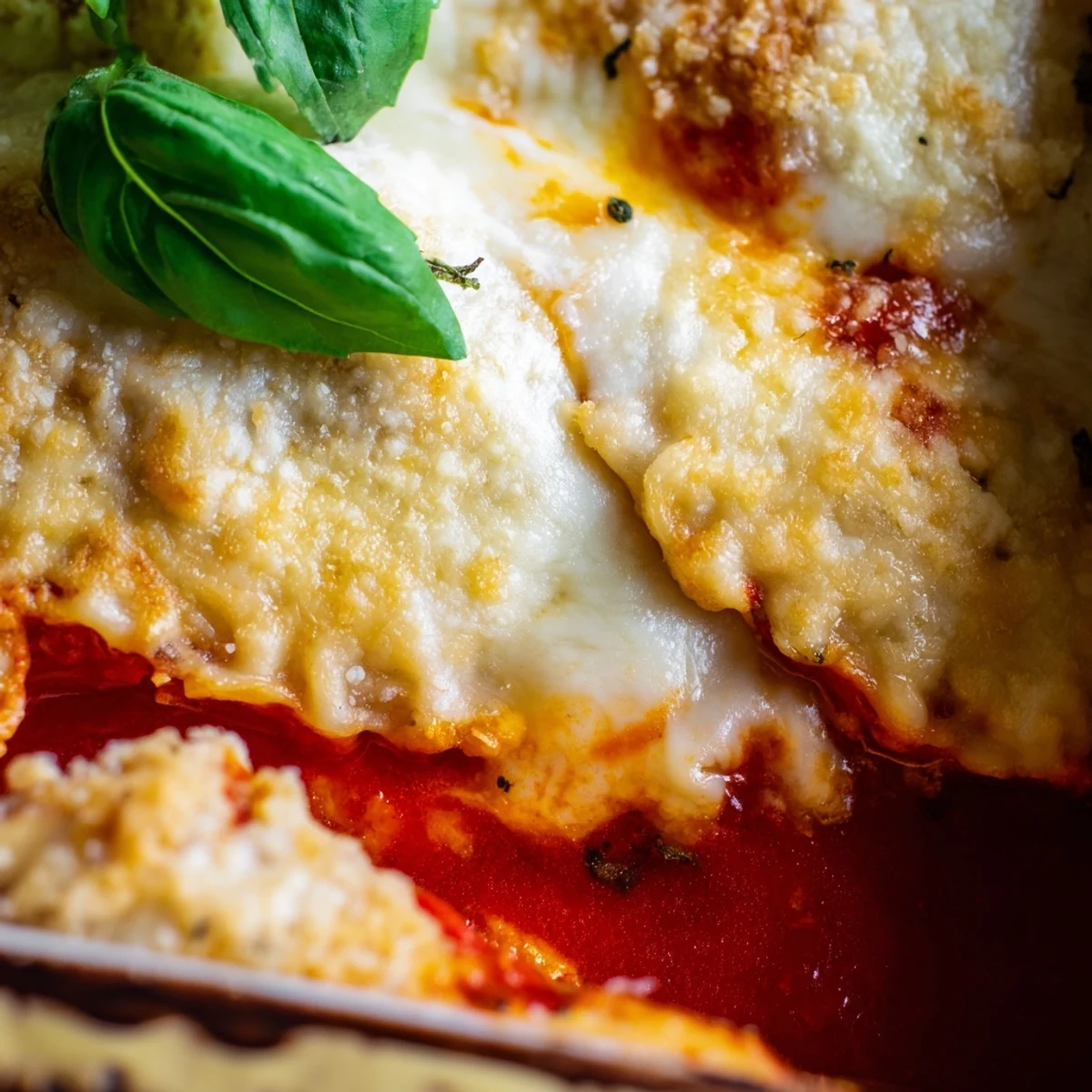 Layers of juicy dumplings sandwiched between rich tomato sauce and three cheeses in a baking dish